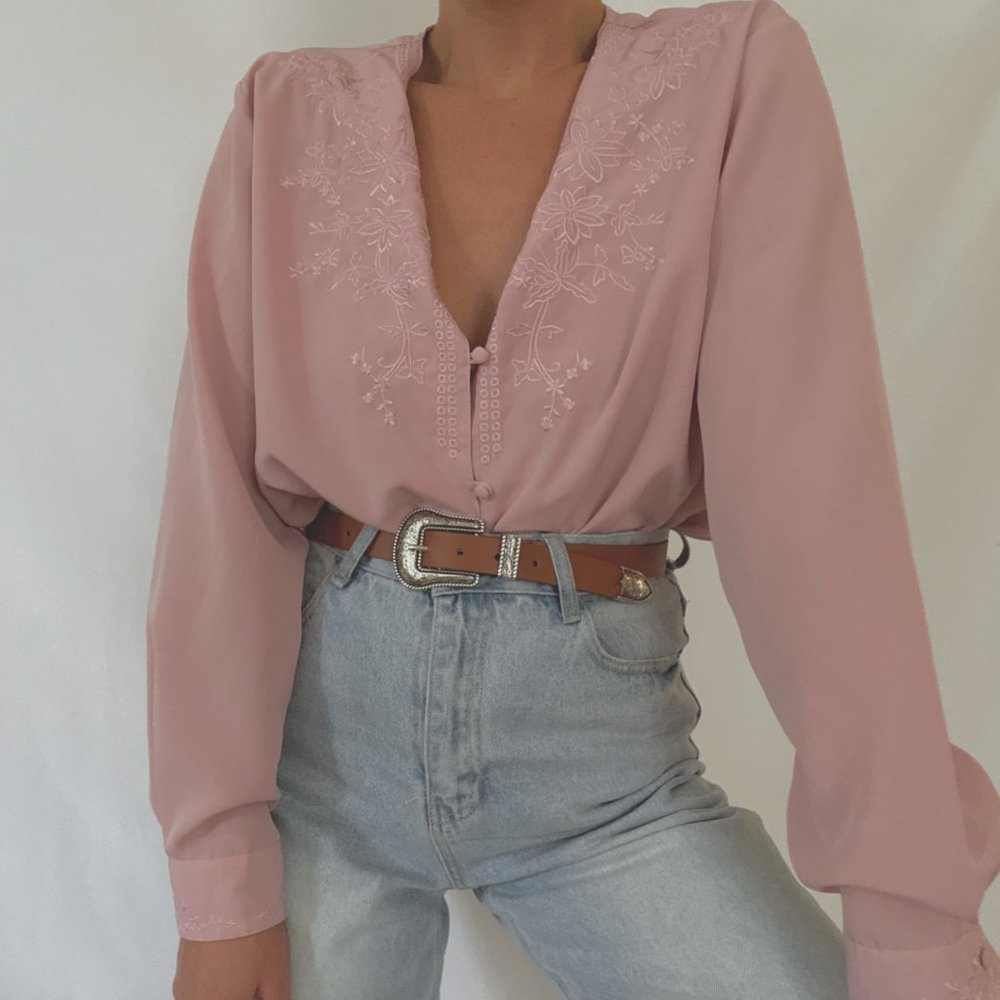Vintage Dusty Pink Floral Embroidered Blouse